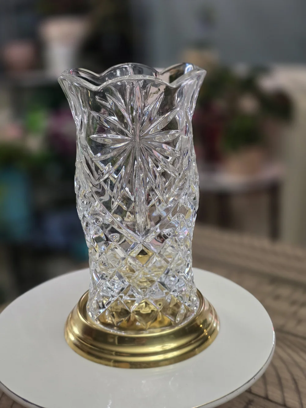 Clear Crystal Cut Glass Vase with Gold Base by